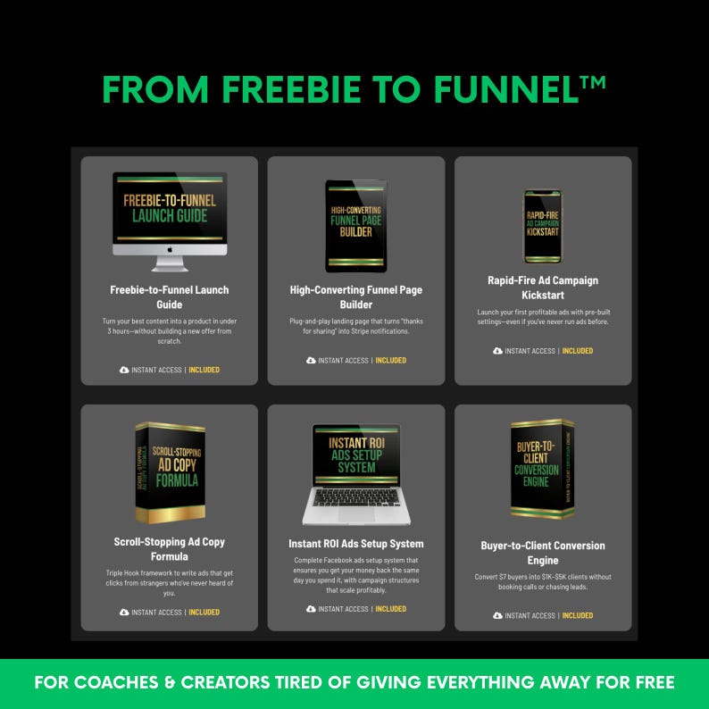 May include: Graphic with six product boxes, each with a title and description. Titles include "Freebie-to-Funnel Launch Guide" and "Instant ROI Ads Setup System." The text at the top reads "From Freebie to Funnel." The bottom text reads "For Coaches & Creators Tired of Giving Everything Away For Free."