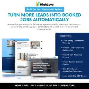 Op de afbeelding: Een promotionele afbeelding voor HighLevel, een systeem voor aannemers. De afbeelding bevat website-mockups, een lijst met inclusies en de tekst "TURN MORE LEADS INTO BOOKED JOBS AUTOMATICALLY." Het kleurenschema is blauw en wit.