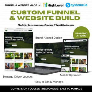 May include: Promotional image for custom funnel and website builds, aimed at entrepreneurs and small businesses. The design features a website displayed on a laptop, tablet, and phone, emphasizing brand-aligned design and mobile optimization.