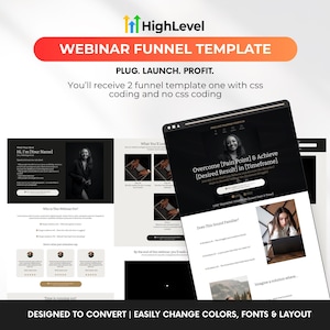 Może przedstawiać: Grafika marketingu cyfrowego z tekstem "WEBINAR FUNNEL TEMPLATE" w kolorze czerwonym i pomarańczowym. Obraz przedstawia szablony stron internetowych z tekstem "PLUG. LAUNCH. PROFIT." i "DESIGNED TO CONVERT | EASILY CHANGE COLORS, FONTS & LAYOUT."