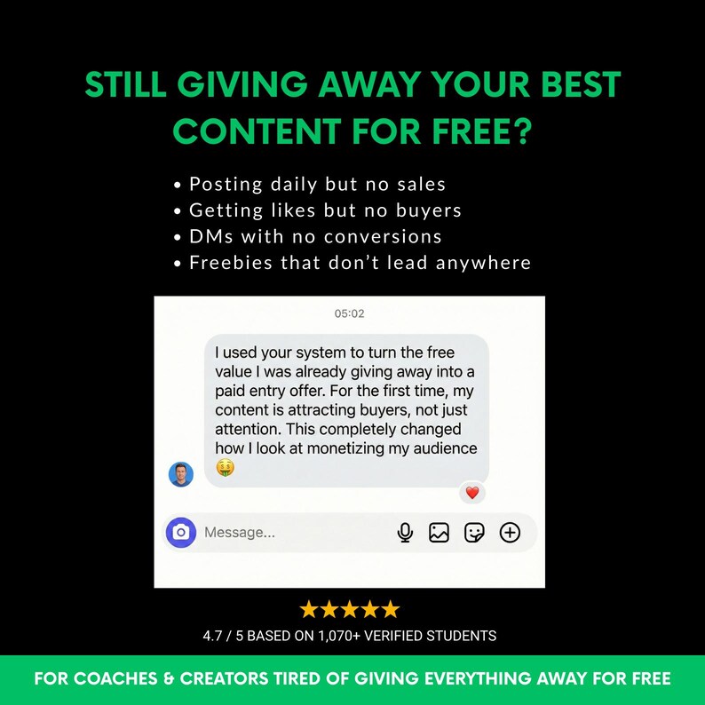 May include: Black graphic with white text: "STILL GIVING AWAY YOUR BEST CONTENT FOR FREE?" and bullet points. A text message screenshot shows a positive review. The image includes a star rating and text: "FOR COACHES & CREATORS TIRED OF GIVING EVERYTHING AWAY FOR FREE."