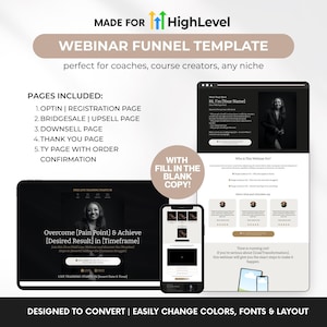 Può includere: Un modello di marketing digitale per webinar, progettato per coach e creatori di corsi. L'immagine mostra un laptop, un tablet e un telefono che visualizzano le pagine del funnel del webinar. Il modello include pagine di opt-in, upsell e ringraziamento. Il testo dice "Progettato per convertire".