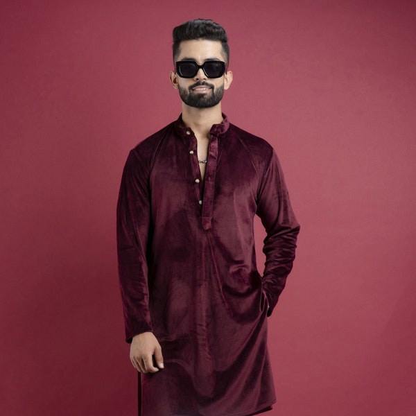 Mens Zware fluwelen kurta, pyjama set, Indiase kurta, Traditionele kurta, Bruiloft kurta, Man Outfit, rode kleur, Goede en beste kwaliteit,