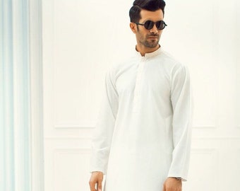 Solid men Kurta With Salwar Suit Handmade Top With Pants Set,Party Wear Kurta, kameez Salwar white Set, Dashing Winter Salwar kameez for Men