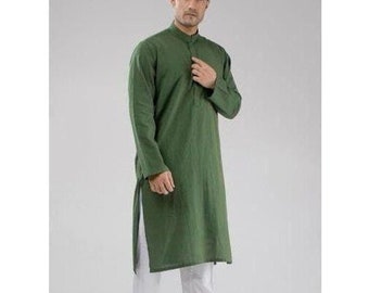 Green Khadi Men Kurta set, Fancy Kurta, Wedding wear kurta, 100% cotton handmade kurta, Men's Indian Green Khadi Kurta and White pajama