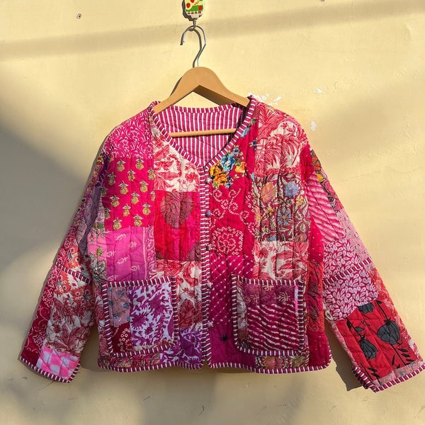 Handmade Pink Patchwork Jacket - Hand Stitched Cotton Sari Kantha Coat