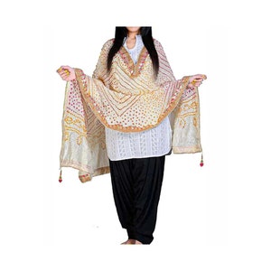 Indian jaipuri Womens Silk Bandhani Bandhej Heavy Dupatta with Gota Work and Latkan, White Color Bridal Wedding Dupatta Scarves 44"x88" Inch