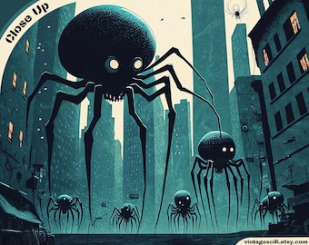Vintage Spider Print, Alien Spider Illustration, Vintage Poster Art, Pop Surrealism Printable, Pulp Magazine Cover Art, Sci-Fi Pop Art