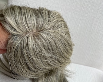 Tillstyle human hairTopper salt and pepper thinning crown clip in hair topper hair piece