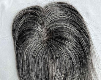 Real Human Hair Topper Virgin Hair,3x5 Silver Grey Salt And Pepper Human Hair Piece,Mono Mesh Base |Hair Loss|Chemo|Gift For Her