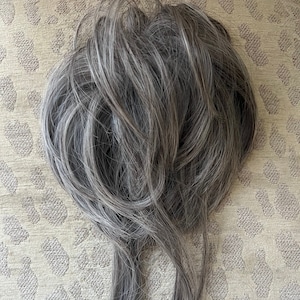 Grey Mixed White Bun Hairpiece, Bangs, Elastic Scrunchie