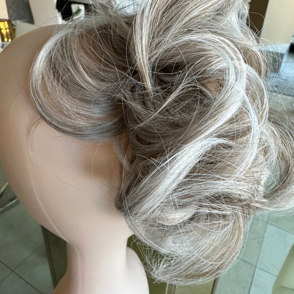 Tillstyle elastic messy bun hair piece curly hair bun pieces white salt and pepper brownish grey short hair party updo casual hair