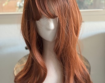 Long Auburn Wig with Bangs, Heat Resistant Synthetic Hair, 26 Inch