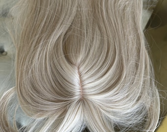 White Silver Grey Hair Topper with Butterfly Bangs, 18 inch