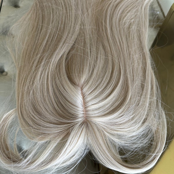 Till style white silver grey hair toppers for women with butterfly bangs pale white 18 inch Thinning Crown