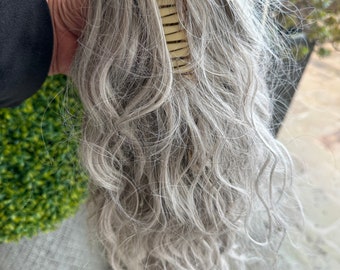 Silver Grey Body Wave Clip-In Ponytail, 18" Synthetic Hairpiece