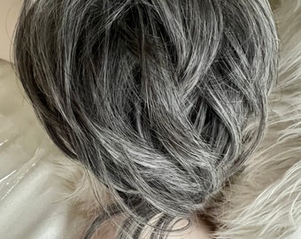 Salt and Pepper Hair Bun Scrunchie with Bangs, Volumizing Hairpiece