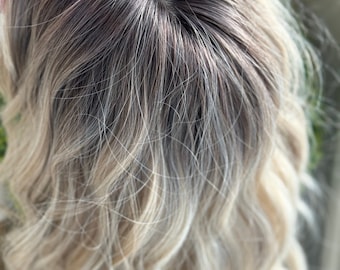 Platinum Blonde Ombre Wig, Loose Body Wave with Bangs, 12 inch