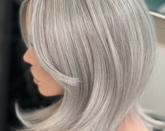 Till style silver white ash brown mix hair toppers for women / bangs/holiday hairstyle