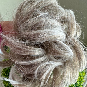 Blonde grey Curly Messy Hair Bun, Creamy White Ends