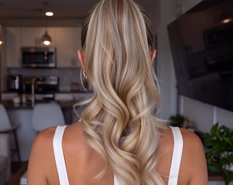 Light ash brown mix bleach blonde straight wavy  Body Wave Claw Clip Ponytail Extension, 14 inch