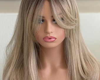Tillstyle blonde with ombre brown roots hair toppers with bangs