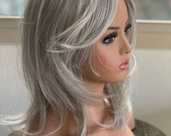 Till style white silver hair toppers for women / layered /bangs