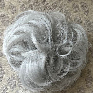 Silver Grey Messy Bun Hair Piece, Curly Scrunchie