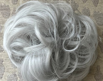 Silver Grey Messy Bun Hair Piece, Curly Scrunchie