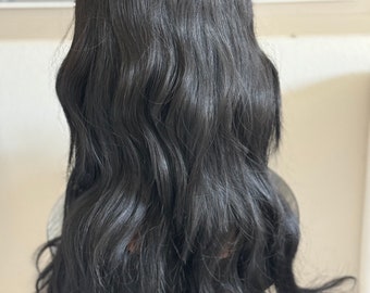 Long Black Wavy Wig with Bangs, 26 Inch Heat Resistant Synthetic Hair