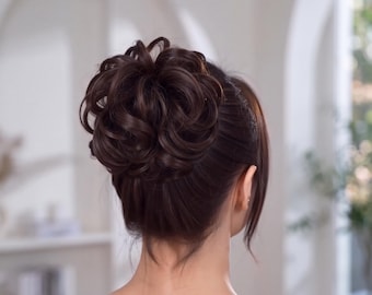 Mocha brown Curly Messy Bun, Elastic Hair Piece