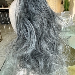 Salt and Pepper Clip In Ponytail Extension: Grey Synthetic Fiber, 14 Inch