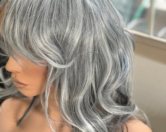 Layered Silver Grey Wig with Curtain Bangs