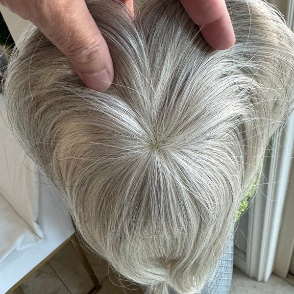 Silver White Human Virgin Hair Clip In Topper Hair Extensions Mono Base Thinning Hair Thinning Crown Hair Volume Party Hairstyle Casual Hair