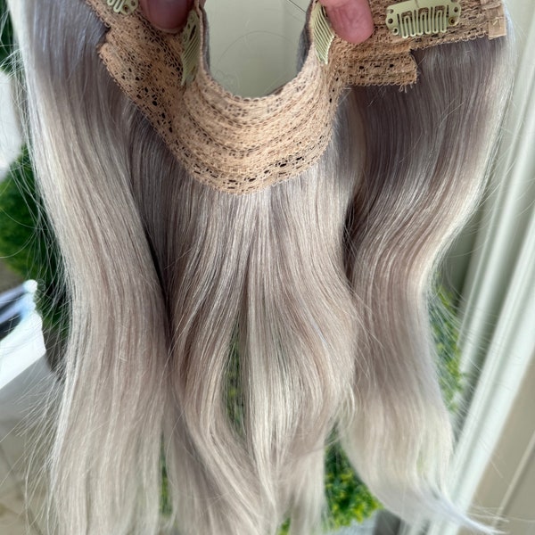 Tillstyle silver grey remy hair halo hair extensions clip in hair extensions for women