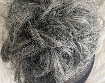 Salt and Pepper Grey Messy Bun, Curly Hair Scrunchie