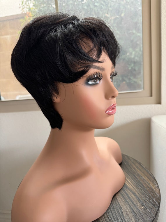 Black Short Layered Pixie Wigs for Women Human Hair Wigs With Bangs Glueless Etsy UK