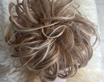 Messy Hair Bun Extension, Brown with Blonde Highlights, Updo Hairpiece