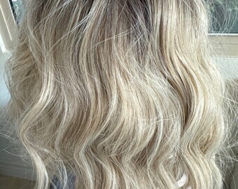 Platinum Blonde Ombre Wig, Loose Body Wave with Air Bangs