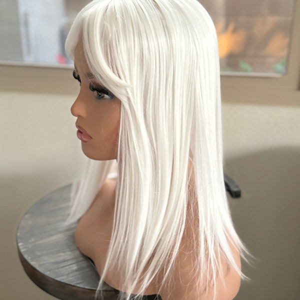 White Hair Topper with Bangs, Synthetic Fiber, Thinning Crown (5x5 inch)
