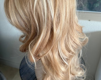 Blonde Wig with Bangs: Long Body Wave, Layered Synthetic Hair, 22 Inch