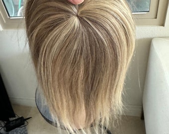 Ash Blonde Highlighted Human Hair Topper for Thinning Crown
