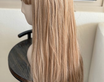 26" Honey Blonde Wig with Bangs, Heat Resistant Synthetic Fiber
