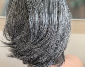 Layered Grey Wig with Bangs, Shoulder Length Synthetic Hair