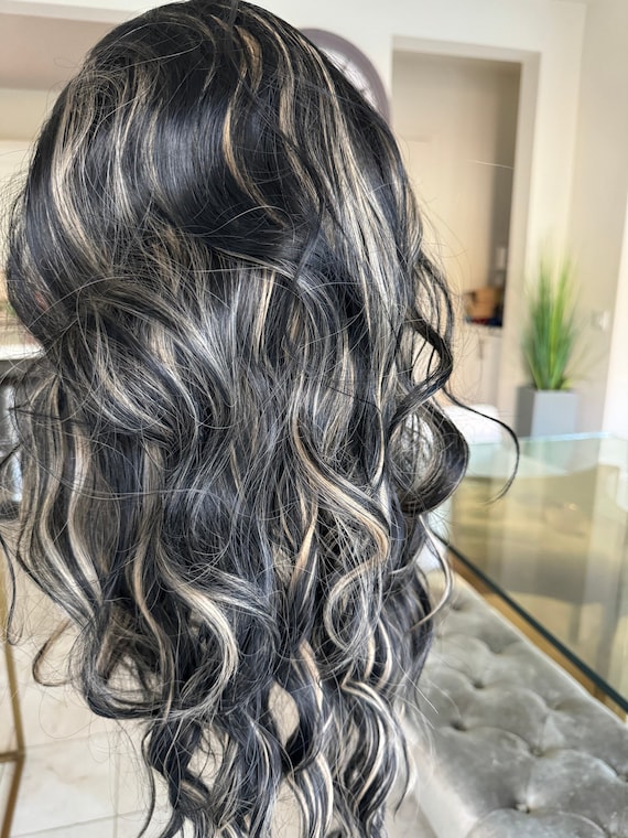 Ombre Black Gray Wavy LaceFront Wig 26 inches! Long Wavy Ombre Grey Lace Front Wigs High Temperature  main image 2