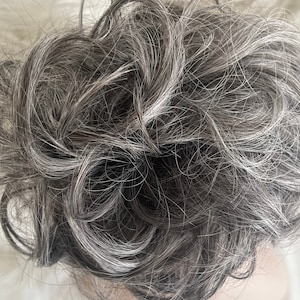 Salt and Pepper Grey Messy Bun, Curly Elastic Hair Piece