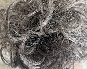 Salt and Pepper Grey Messy Bun, Curly Elastic Hair Piece