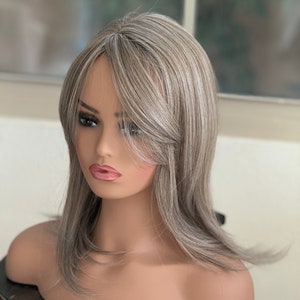 ティルスタイルのグレーヘアトッパー、女性用、アッシュブラウンミックス/前髪/リアルパート/彼女へのギフト