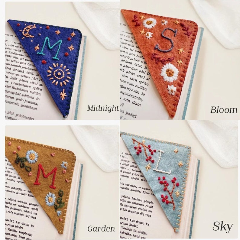 Custom Initials Embroidery Felt Bookmarks, Personalized Embroidered Corner Bookmark, Gift for Book Lovers zdjęcie 1