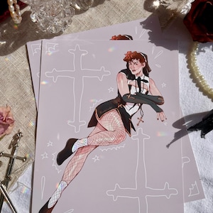 May include: A print of a person wearing a black and white outfit with a cross necklace and fishnet stockings. The person is posed with one leg raised and is surrounded by white crosses.
